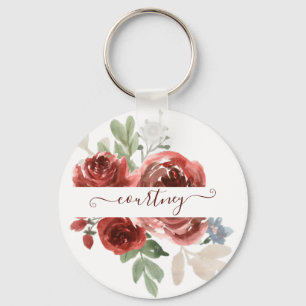 Diep rood aquarel bloemmotief gepersonaliseerd sleutelhanger