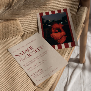 Diep rood blauw whimwhimsisch modern foto-huwelijk kaart