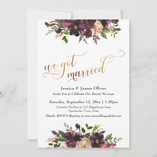 Diep rood Bourgondië Bloemig & Goud We zijn getrou Kaart (Voorkant)