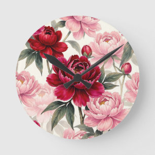 Diep rood en roze pioenroos bloem waterverf patroo ronde klok