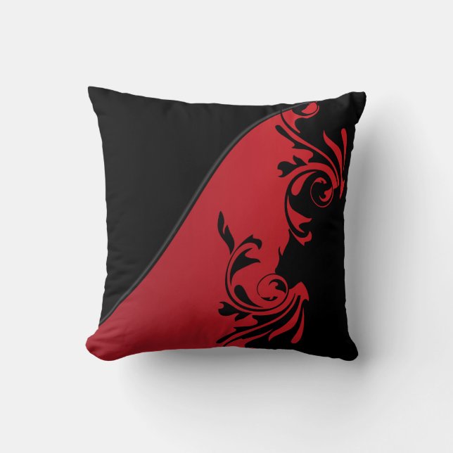 Diep rood en zwart Florid ontwerp Kussen (Voorkant)