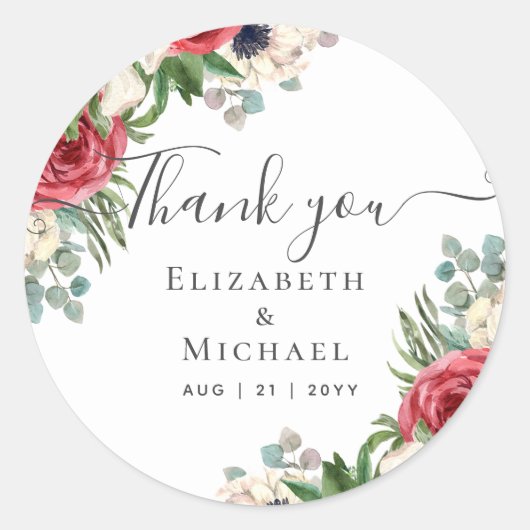 Diep rood marineblauw bloemmotief eucalyptus groen ronde sticker (Voorkant)