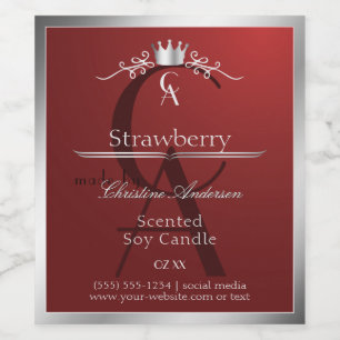 Diep rood productlabel met zilveren frame monogram wijn etiket