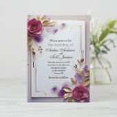 Diep roze rozen gouden blad gouden lijst bruiloft kaart (Staand voorkant)