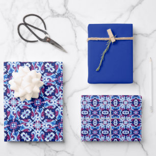 Diep saffier, marineblauw, poederblauw, framboos.. inpakpapier vel