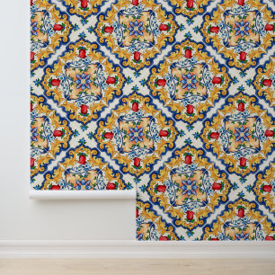 Diep saffraanrood bloemmotief Siciliaanse majolica Behang