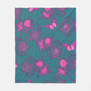 Diep Teal Roze Vlinder Bloem Fleece Deken
