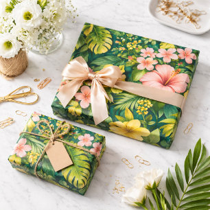 Diep Teal Tropische Hibiscus Bloemig Cadeaupapier