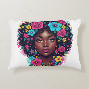 Diep zwarte vrouw met helder bloemversierde Afro Accent Kussen