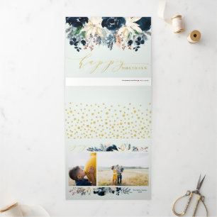 Diepblauw & Goud Kerstkaart met Foto Drieluik Wenskaart
