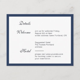 Diepblauw Lijst. Moderne elegante trouwdetails Informatiekaartje