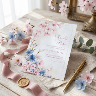 Diepblauw Roze Romantische Sakura Gouden Lijst Tro Kaart