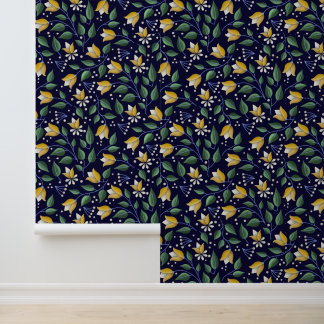 Diepblauwe en gele bloemen behang