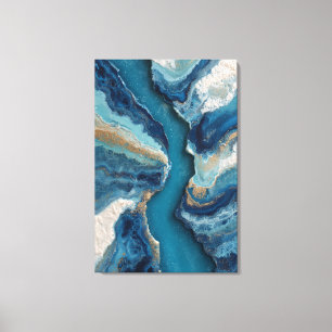 Diepblauwe Gouden Ader Abstracte Oceaan Canvas Afdruk