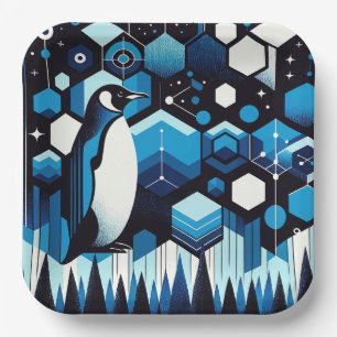 Diepblauwe pinguïn in het patroon van de winter An Papieren Bordje