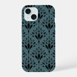Diepe bosgroene botanische folk bloem kunst iPhone 15 hoesje