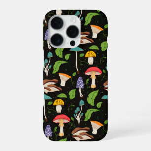 Diepe Bosmagie: Kleurrijke Paddenstoelen op Zwart iPhone 16 Pro Hoesje