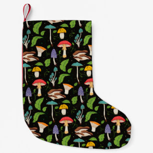 Diepe Bosmagie: Kleurrijke Paddenstoelen op Zwart Kleine Kerstsok