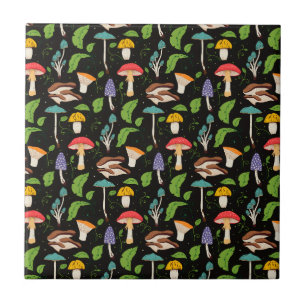 Diepe Bosmagie: Kleurrijke Paddenstoelen op Zwart Tegeltje