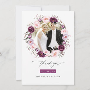 Diepe Fluwelen en Blush Roze Bloemige Trouwfoto Bedankkaart