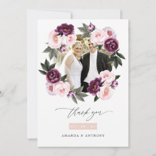 Diepe Fluwelen en Blush Roze Bloemige Trouwfoto Bedankkaart