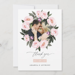 Diepe Fluwelen en Blush Roze Bloemige Trouwfoto Bedankkaart