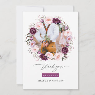 Diepe Fluwelen en Blush Roze Bloemige Trouwfoto Bedankkaart