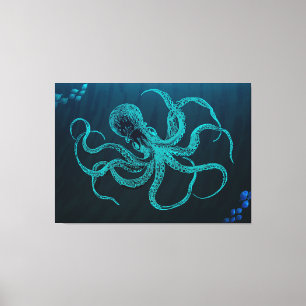 Diepe oceaanblauw met octopus en vis canvas afdruk