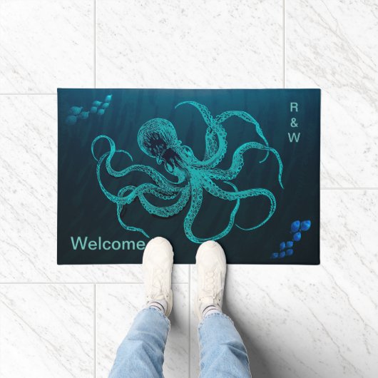 Diepe Ocean Blue met Octopus en 2 scholen vis Deurmat (Binnen)