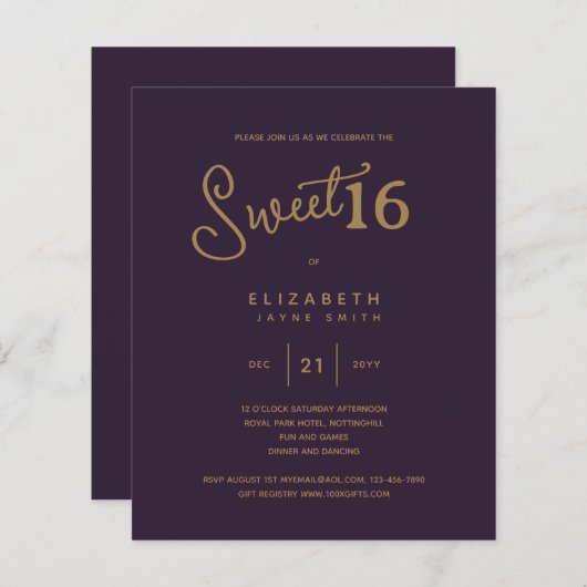 Diepe Paarse SWEET 16 Moderne goudverjaardag (Voorkant / Achterkant)