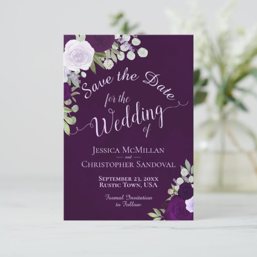 Diepe Paarse Waterverf Boho Rozen bruiloft Save The Date (Staand voorkant)