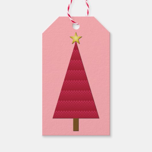 Diepe rode dampkast moderne kerstboom cadeaulabel (Voorkant)
