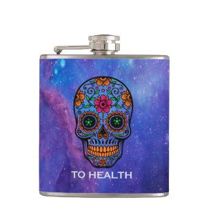 Diepe ruimte Achtergrond en Floral Sugar Skull Heupfles