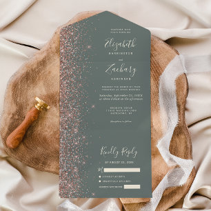Diepe Saliegroene Roze Gouden Glitter Bruiloft All In One Uitnodiging