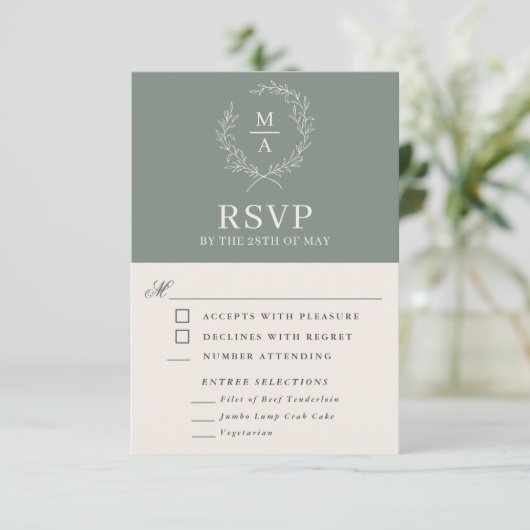 Diepe sep Simple Elegant Monogram RSVP met maaltij (Staand voorkant)