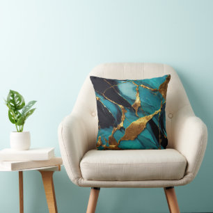 Diepe Teal Marmer met Krachtige Gouden Aders Kussen