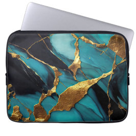 Diepe Teal Marmer met Krachtige Gouden Aders Laptop Sleeve