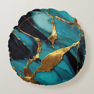 Diepe Teal Marmer met Krachtige Gouden Aders Rond Kussen