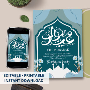 Diepe Teal Moskee Silhouet Eid Mubarak Kaart
