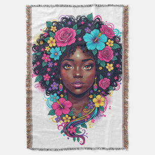 Diepe Zwarte Vrouw Met Helder Bloemenschmuck Afro Deken