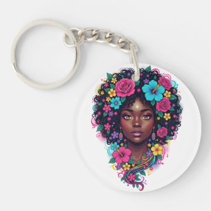 Diepe zwarte vrouw met helder bloemversierde Afro Sleutelhanger