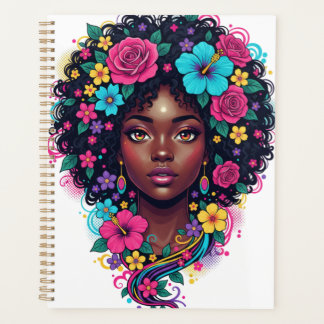 Diepe zwarte vrouw met heldere bloem versierde Afr Planner