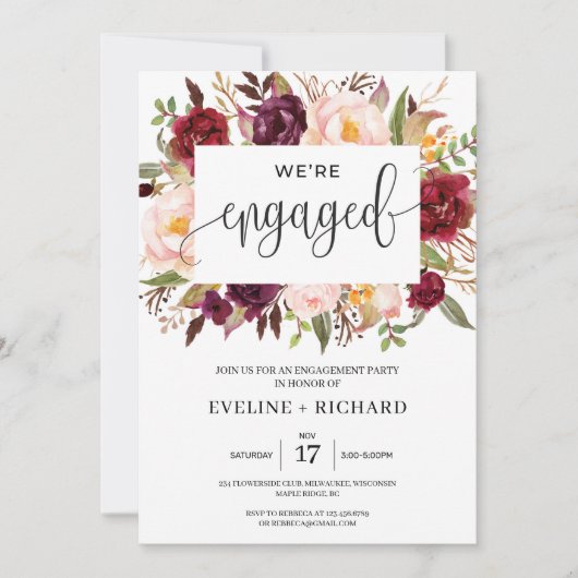 Dieprode marsala blush roze floral verloving kaart (Voorkant)
