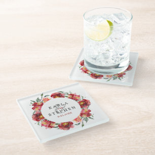 Dieprode Waterverf Bloemen Trouwkrans Glazen Onderzetter