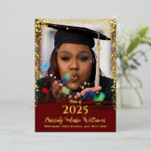 Dieprood Gouden Confetti Folie Afstudeer Uitnodigi Folie Uitnodiging (Staand Voorkant)