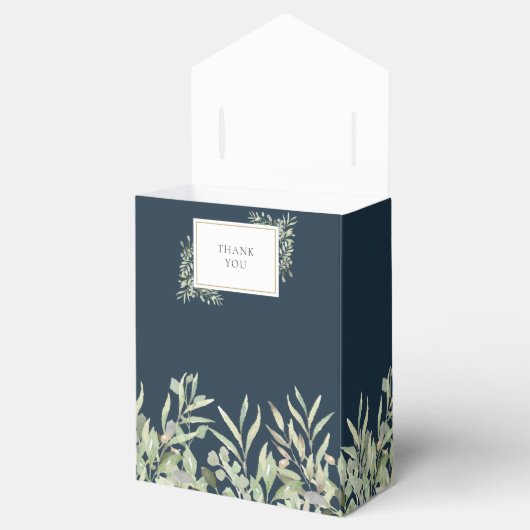 Diepzee Blauwe Elegante Groene Bladeren Bruiloft Bedankdoosjes (Geopend)