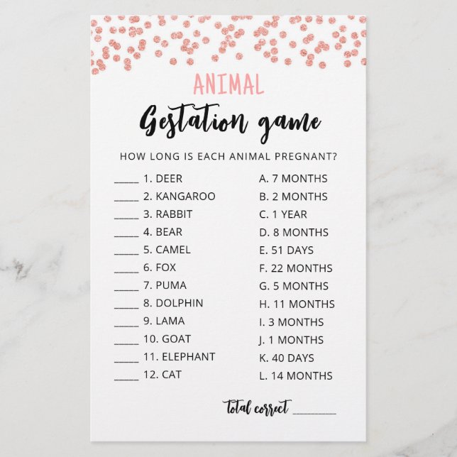 Dierbedekking met Answers Baby shower Game (Voorkant)