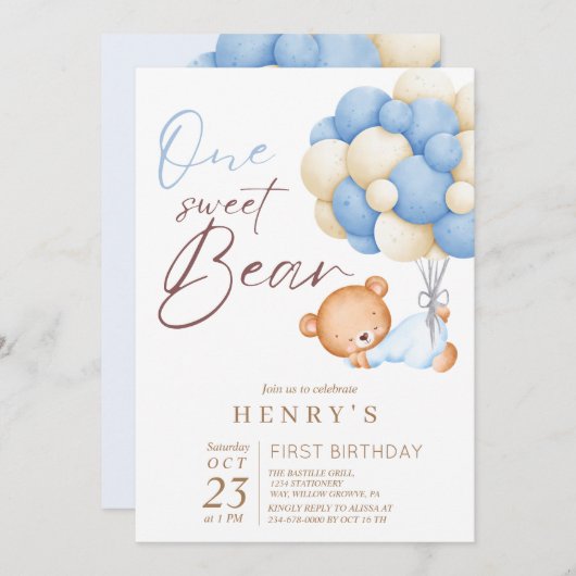 Dieren Beer Pastel Jongen 1e Verjaardagsfeestje Kaart (Voorkant / Achterkant)