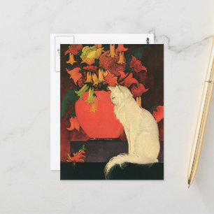  dieren, elegante witte kat, herfstbloemen briefkaart