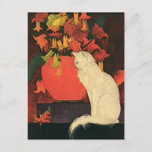  dieren, elegante witte kat, herfstbloemen briefkaart